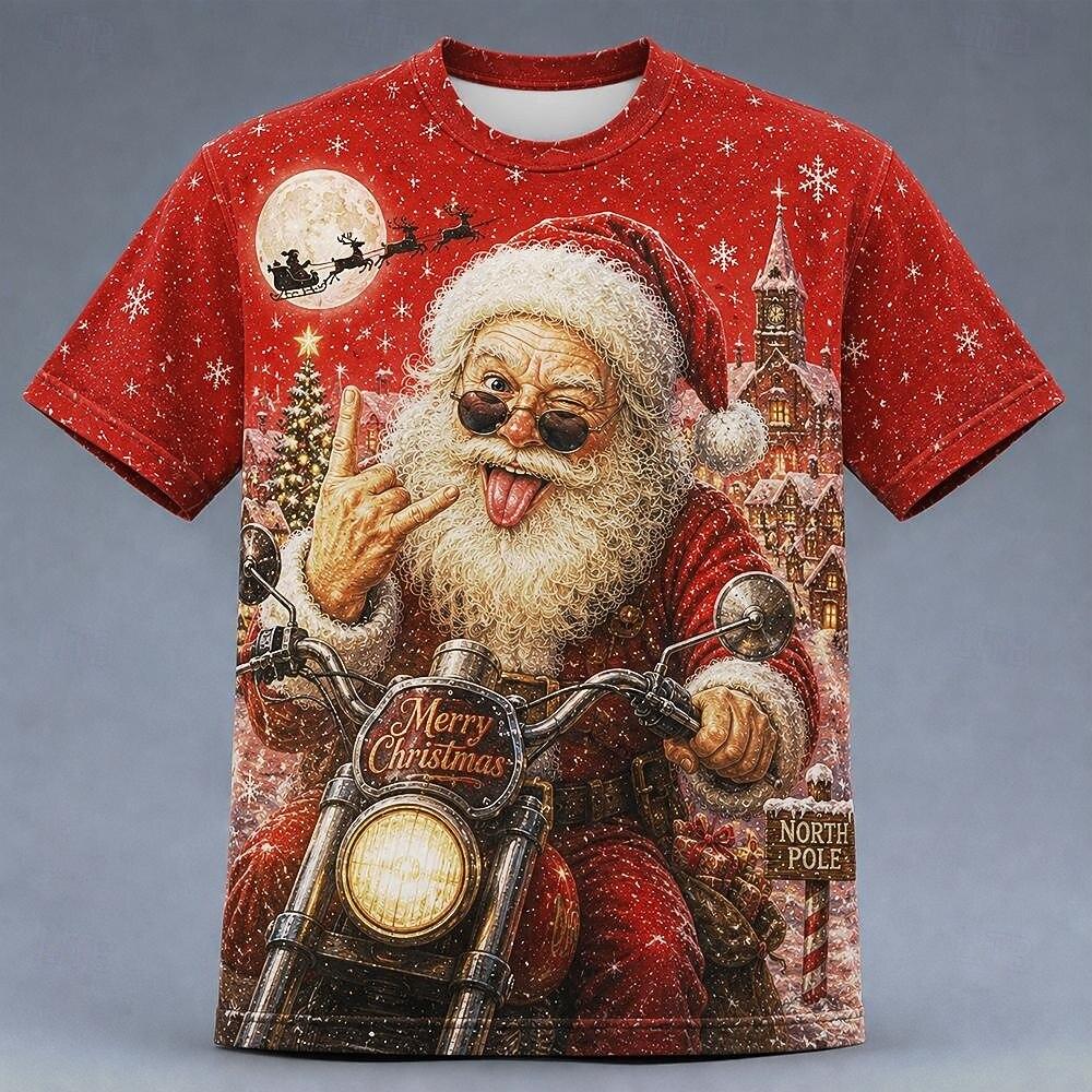 Funny Running Santa Claus 3D Print Women T‑Shirt Crew Neck Short Sleeve Christmas Holiday Tops