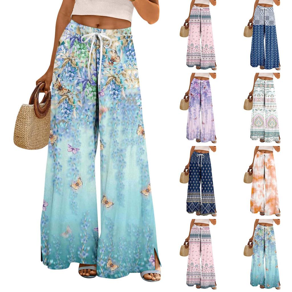 Women Summer Boho Palazzo Pants High Waist Wide Leg Floral Printing Casual Trousers With Pockets
