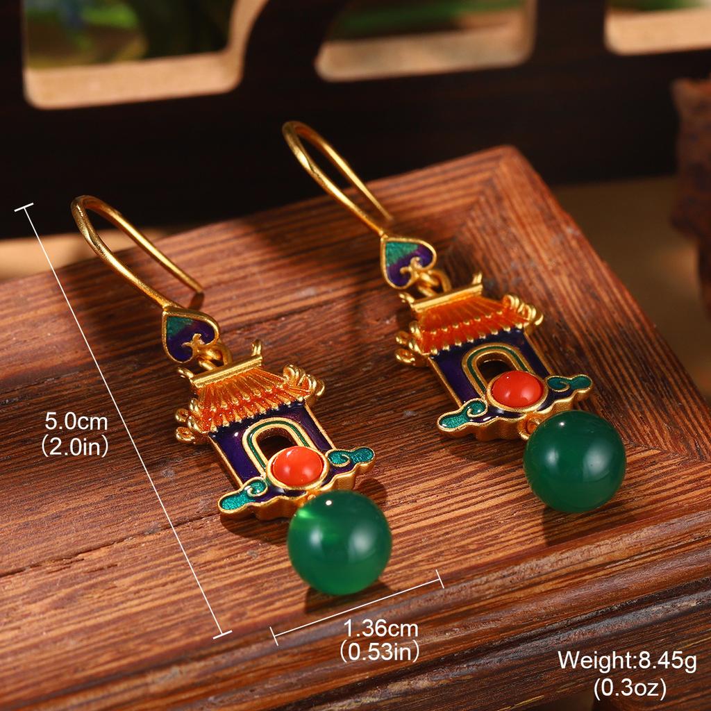 Antique new Chinese style flower fringed pearl earrings Hanfu accessories earrings imitation Hetian jade green agate temperament ear hook