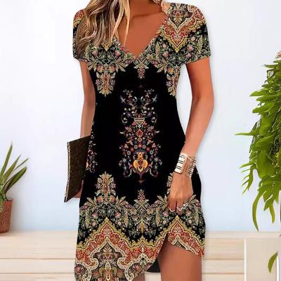 Летнее уличное женское платье класса А с V-образным вырезом и короткими рукавами, повседневные платья с цветочным принтом