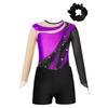 Kids Girls Metallic Long Sleeve Gymnastics Leotard with Shorts Hair Scrunchie Dance Unitard Biketards Dancewear