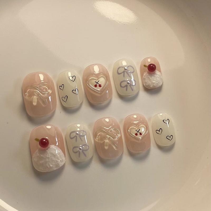 Sweet Cute Cartoon Cat Dog Bear Handmade Short Square Ruond Removable Fake Nails Bowknot Bread Cookie Stars Press On Nails