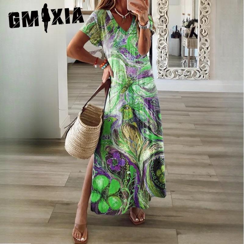 GMXIA Women's V-Neck Short Sleeve Dress Multicolour Printed Evening Dresses