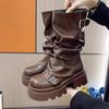 Pleated Retro Round-headed Muffin Medium Boots Women's Autumn and Winter Belt Buckle Stacked Boots Thick-soled Thick-heeled Martin Boots
