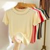Fashion Slim Fit Short Sleeve Casual T-shirt Women Summer Beading Knitted Simple Tee Shirt Women Tops Elegant Sweet Solid O Neck Ladies T Shirts 26021