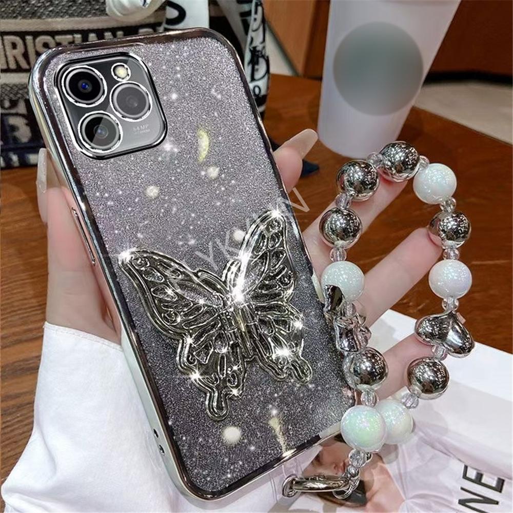 3D Butterfly Phone Holder Bracelet Glitter Plating Case For Samsung A16 A06 A55 A15 A25 A35 A05S A54 A24 A34 A14 A04 Stand Cover