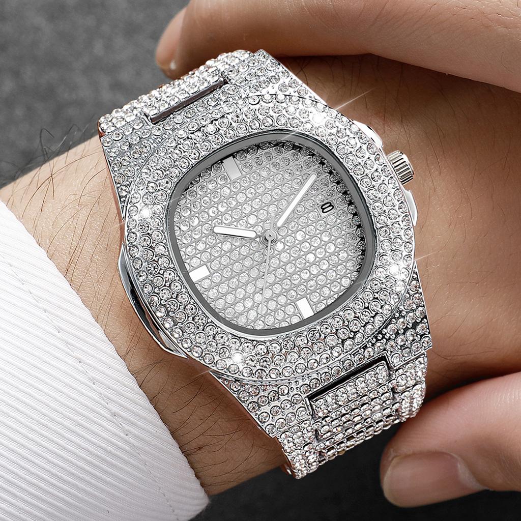 3PCS Luxury Rhinestone Men Watch Cuban Chain Jewelry Set Hip Pop Square Quartz Watches Accessories Gift Relogio Masculino