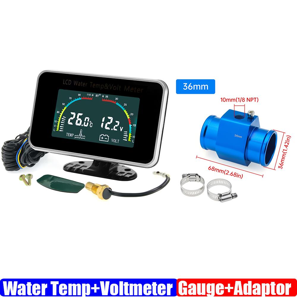 ZMFJH Universal Auto Car Dual Gauge 2 IN 1 LCD Gauge with Sensor Water Temperature+Voltmeter Water Temp Joint Sensor 26-40MM