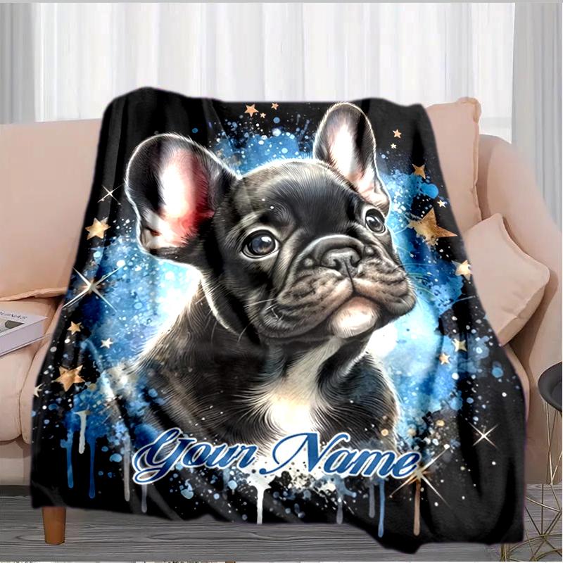 1PC Custom Name "Starry Night French Bulldog" flannel blanket versatile, all-season throw suitable for the living room, bedroom, camping, travel, and
