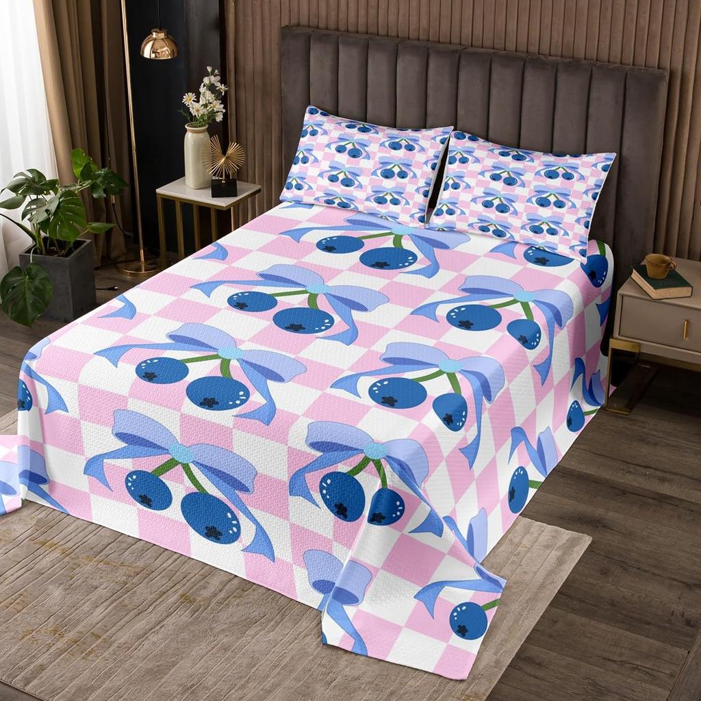 Cartoon Blueberry Bedspread Summer Tropical Fruit Quilted Coverlet Watercolor Botanical Leaves Flower Bedding Set for Teen Adult