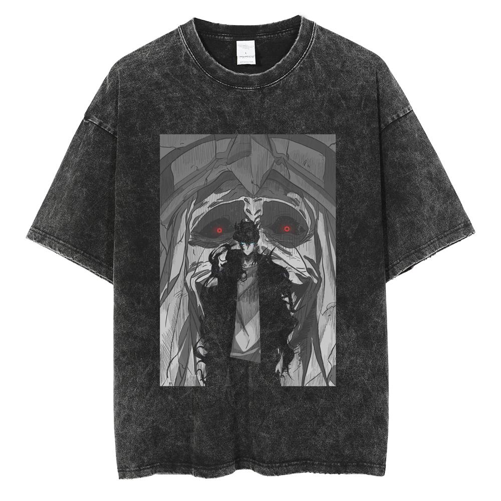Мужская и женская винтажная стираная хлопковая футболка уличная одежда аниме Solo Leveling Графический принт Топы свободные футболки с коротким рукавом