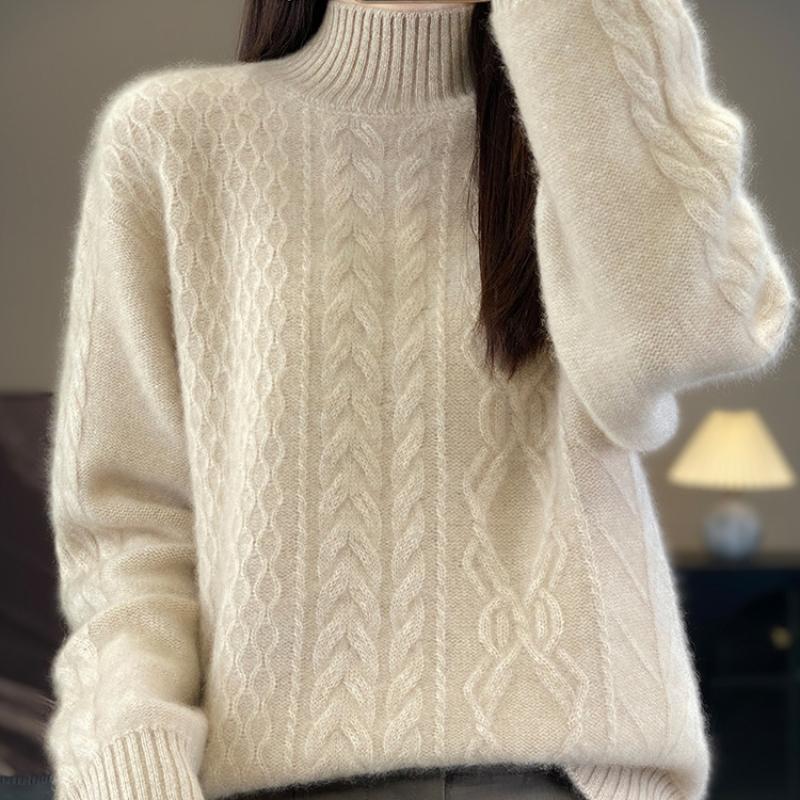 Утолщенный свитер с полувысоким воротником и узором «скрученный цветок» для женщин на осень и зиму. Новый свободный и универсальный кашемировый вязаный свитер, базовая рубашка.