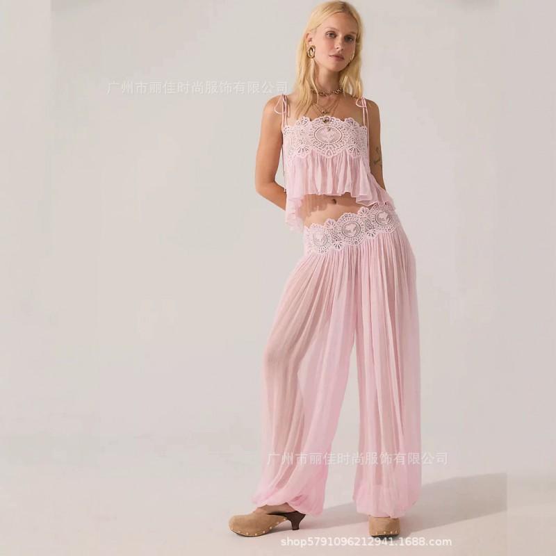 2026 Womens Lightweight Chiffon Two-Piece Set: Crochet Cut-Out Backless Tank Top Full-Length Pants Boho Chic Outfit