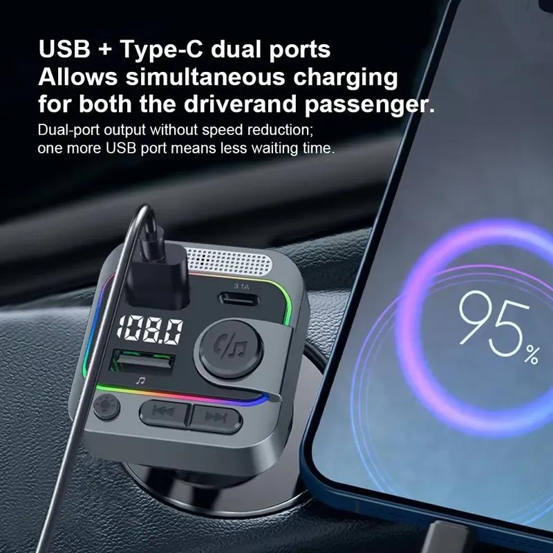 Bluetooth 5.3 Автомобильный FM-передатчик Type-C Двойная USB-зарядка Автомобильный MP3-плеер Громкая связь с Караоке Автомобильные микрофоны
