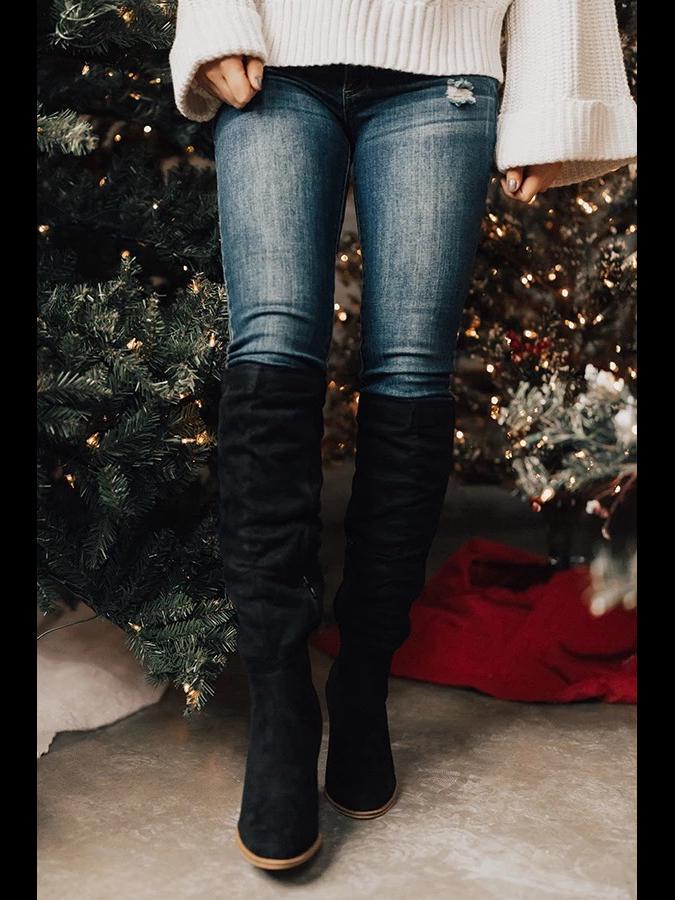 Женские замшевые толстые каблуки с заостренным носком и боковой молнией, однотонные модные рыцарские сапоги