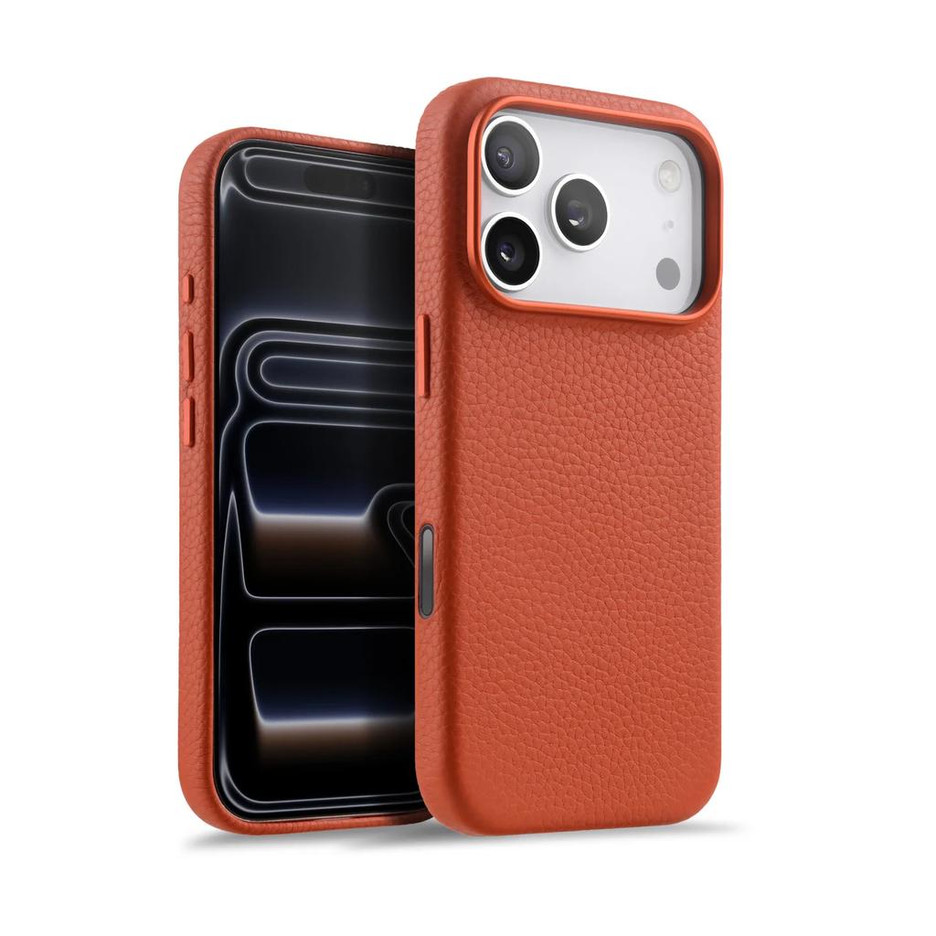 Melkco With AI Button Genuine Leather Case for iPhone 17 Pro Max Air Top-layer Cowhide Metal Lens Ring Magnetic Charging Cover