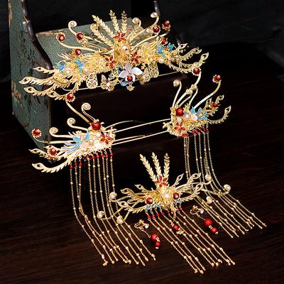 Xiuhe Clothing Головной убор Step Shake Китайская свадебная одежда Корона Феникса Xiacheng Bride Куртка Dragon Phoenix Юбка с изображением лошадиного лица Украшения для головы Корона
