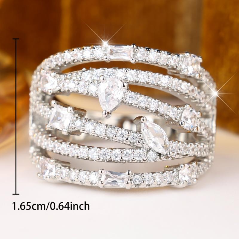 Glamorous Silver Color Multi Layer Zircon Band Ring for Women Wedding Banquet Daily and Party