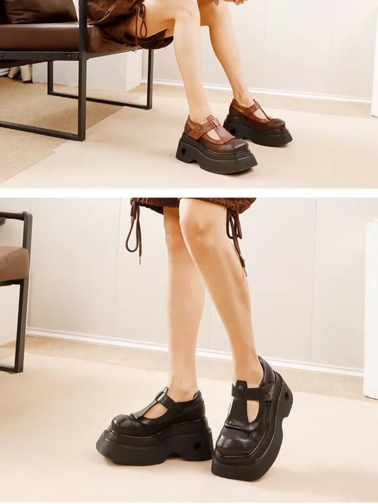 Johnature Винтажные туфли-лодочки с квадратным носком и толстой подошвой из натуральной кожи, женские туфли на платформе с увеличенным ростом