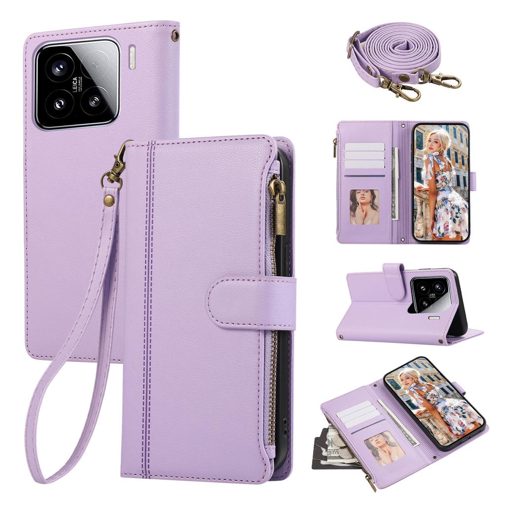 For Xiaomi 15 Case Multi Card Slots Zipper Leather Phone Cover with Shoulder Strap/Wrist Strap
