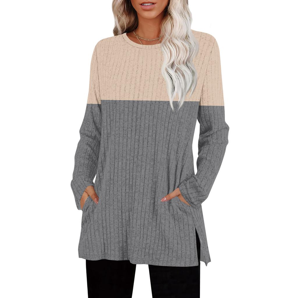 Женские свитера с круглым вырезом, рубашки с длинным рукавом и карманами, осенние наряды, модная зимняя одежда, боковой разрез