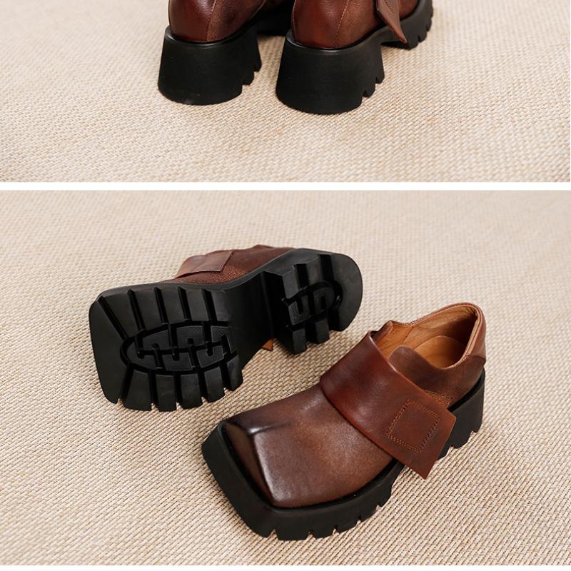 Johnature Женские туфли на платформе с квадратным носком в стиле ретро, ​​универсальные однотонные туфли из натуральной кожи на толстой подошве