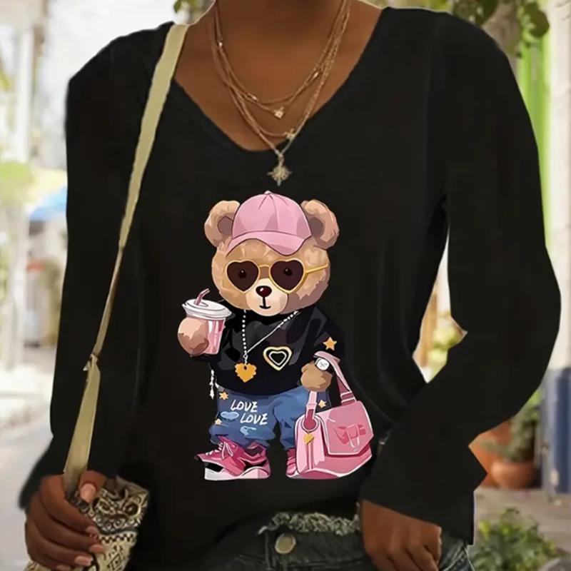 Bear Backpack Print Women Tshirts Ladies Tops Long Sleeve V-neck Pullover Femme T-shirts T Shirt For Women
