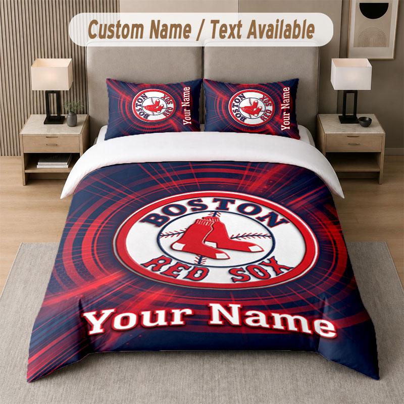 Custom Bedding Set Boston Red Sox Pattern, Print Name Text 1 Duvet Cover plus 2 Pillowcases Home Textile