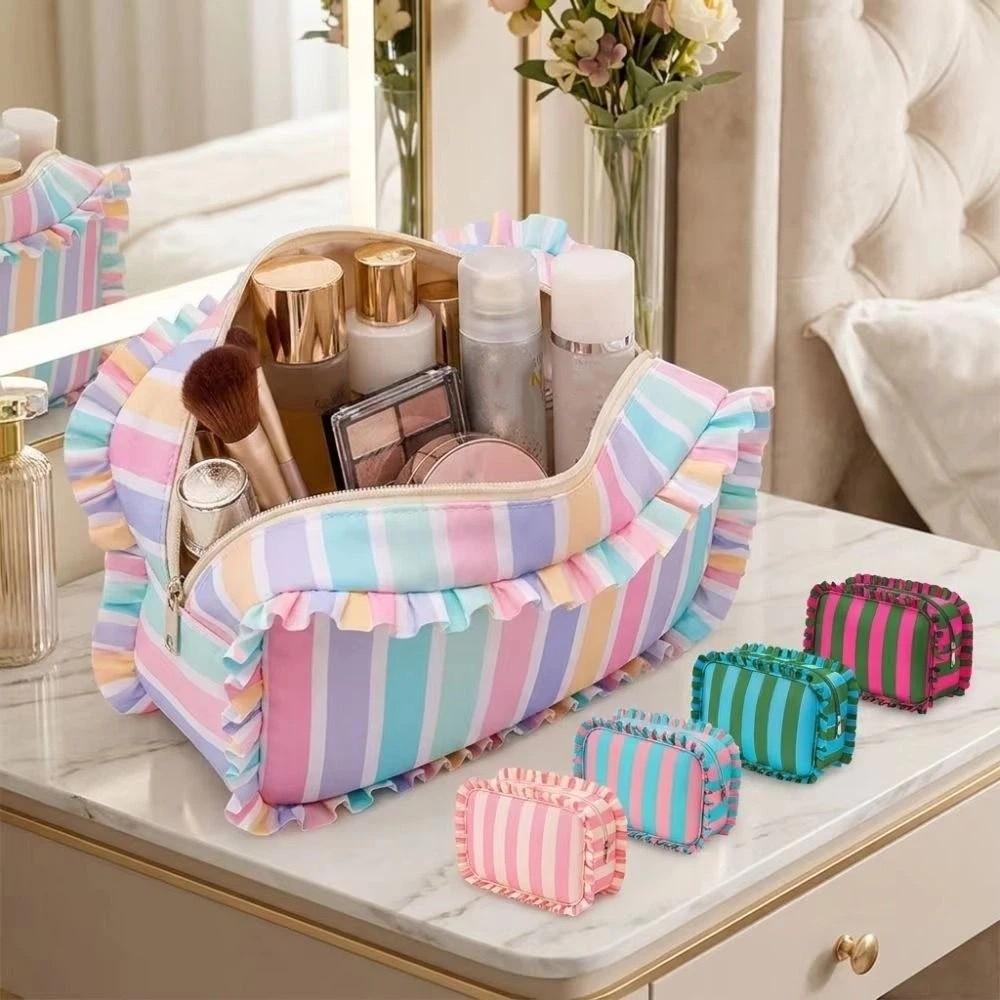 Oxford Women's Makeup Case Ruffle Decoration Striped Makeup Organizer Toiletries Organization