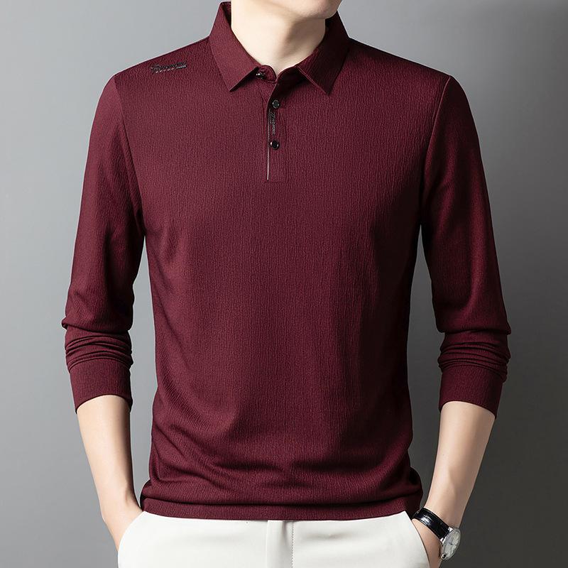 Холодный шелк прохладный длинный рукав рубашки поло мужская деловая повседневная трендовая рубашка с лацканами футболка мужская