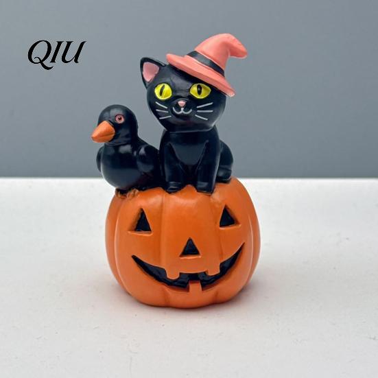 Pink Wizard Hat Cat Halloween Pumpkin Figurine, Retro Black Stacked Resin Decorations Tabletop Figurine for Table Desk Office Mantel Home Fireplace