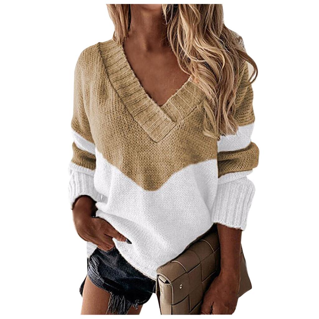 Женский модный свитер с V-образным вырезом, свободный повседневный однотонный вязаный свитер
