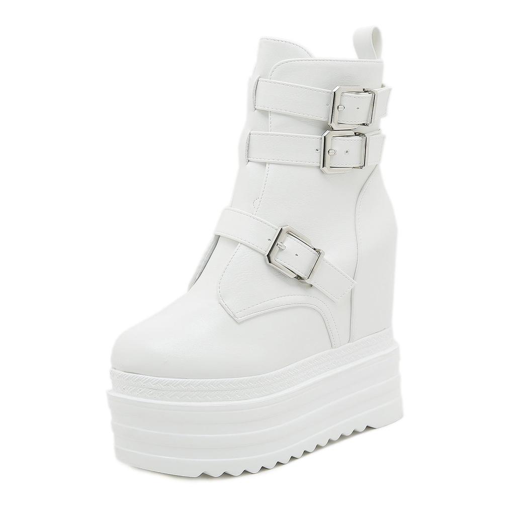 Gdgydh Women's Trendy Platform Boots Fashion Side Zipper Buckle Strap Design Stylish Mid Calf Boots Height Increasing