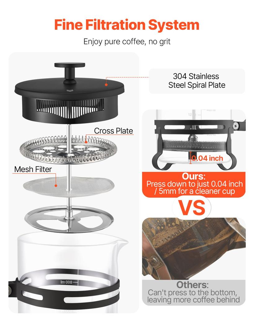 VEVOR French Press Coffee Maker, 1 Liter Borosilicate Glass Coffee Press Tea Maker with Stainless Steel Filter