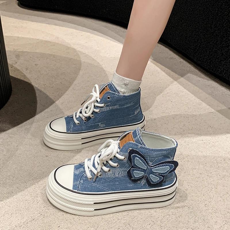 Женская мода пряжка ремень парусиновые туфли высокие рваные джинсовые ботильоны короткие ботинки на шнуровке для девочек студентов толстая подошва кроссовки