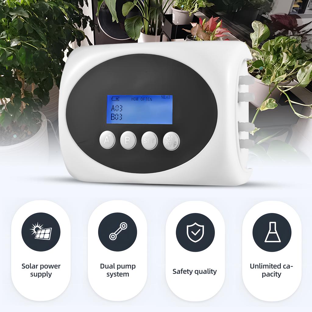 3W Solar Automatic Watering Device Dual Pump Timed Irrigator for 15 Pots LCD Display USB/Solar