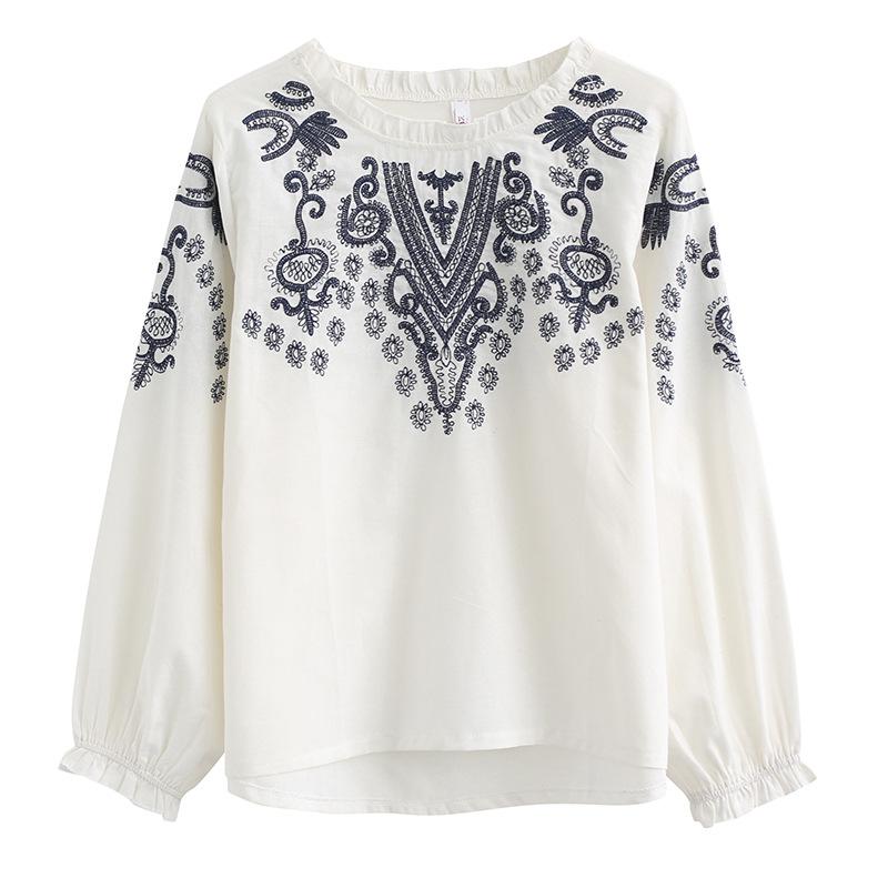 Женская повседневная блузка с длинным рукавом и оборками, вышитыми цветами, рукавом «летучая мышь» с круглым вырезом, женские хлопковые топы