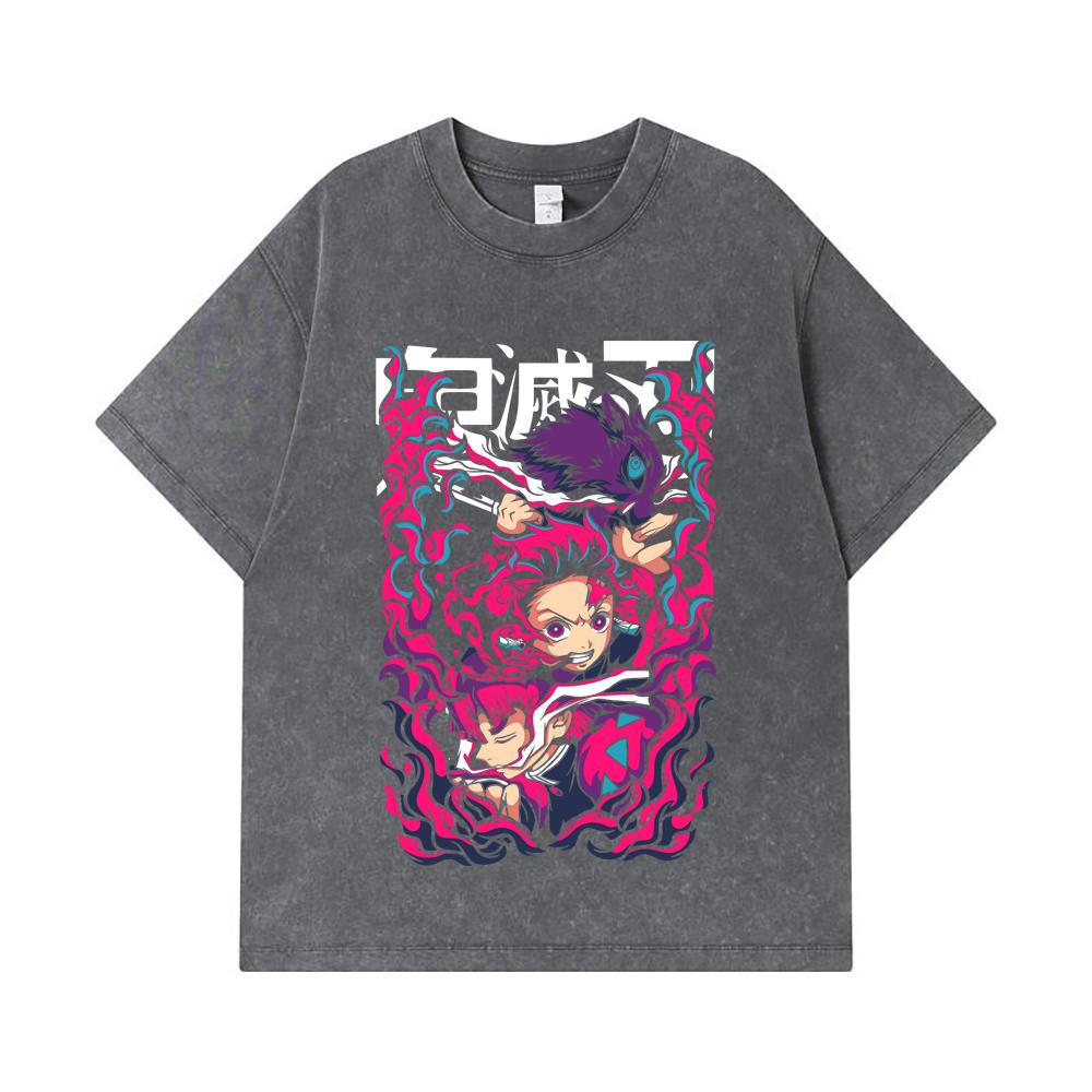 275 GSM Washed T-shirts 100% Cotton Demon Slayer V78 Print Unisex Heavy Cotton T Shirt