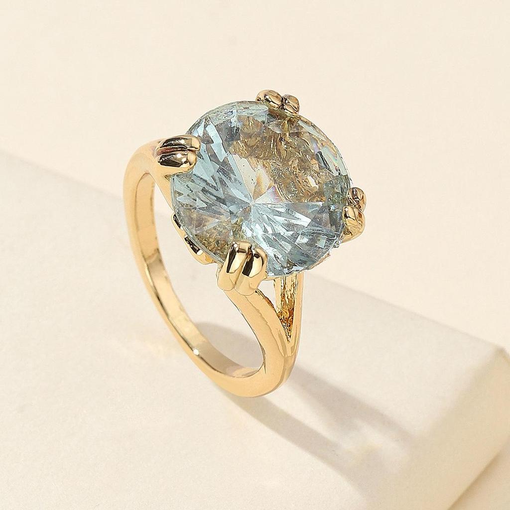 Jianjie Luxury 14K Gold Women's Ring with Sea Blue Diamond - European & American Style