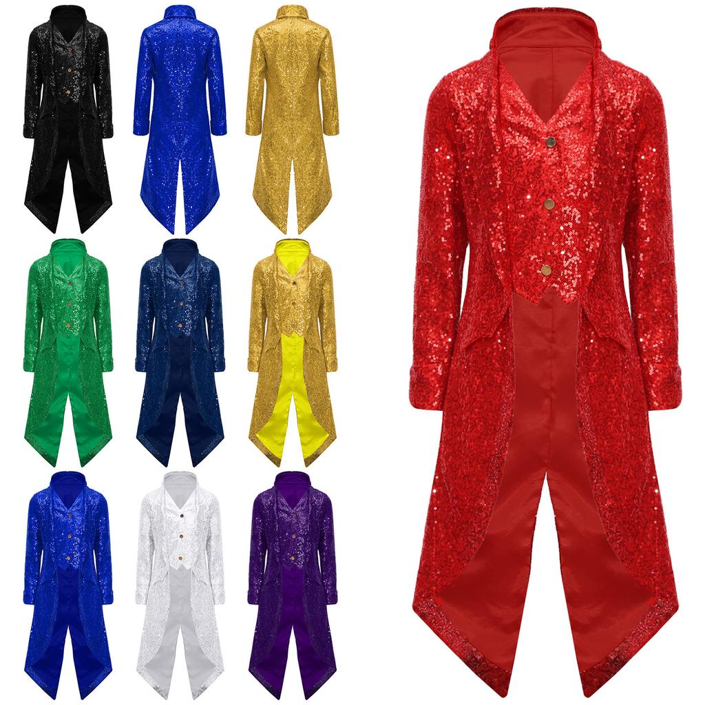 Boys Steampunk Tailcoat Gothic Victorian Long Coat Sequins Jacket Medieval Halloween Costume Frock Coat Outfit