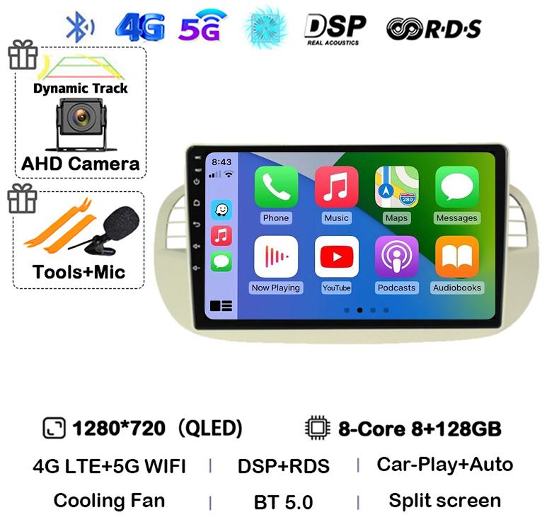 Android 14 Carplay& Auto Car Radio Stereo For Fiat 500 GPS Navigation Steering Wheel Control Multimedia BT WIFI+4G Head Unit DSP
