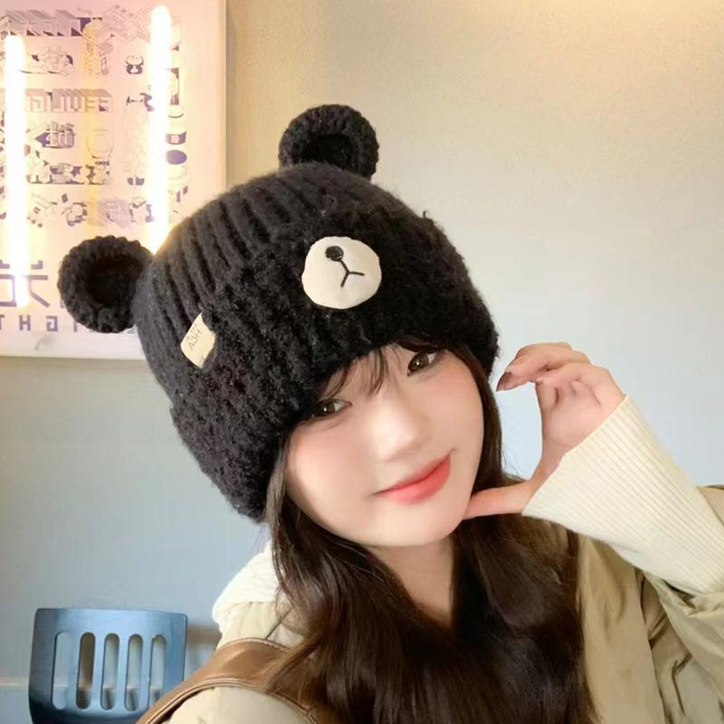 Autumn and Winter Hats for Women Bears with Sweet Ears and Cute Knitted Hats for Students Versatile Ear Protection Hats for Warmth