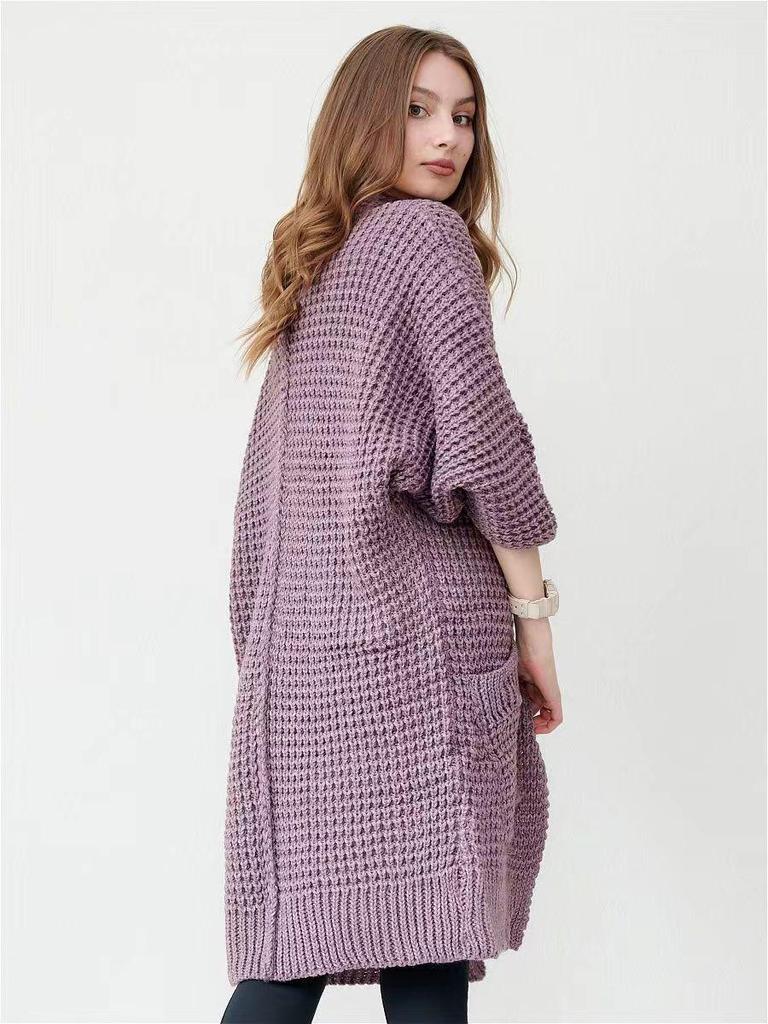 Женский осенне-зимний длинный вязаный кардиган - однотонный, свитер-пальто свободного кроя