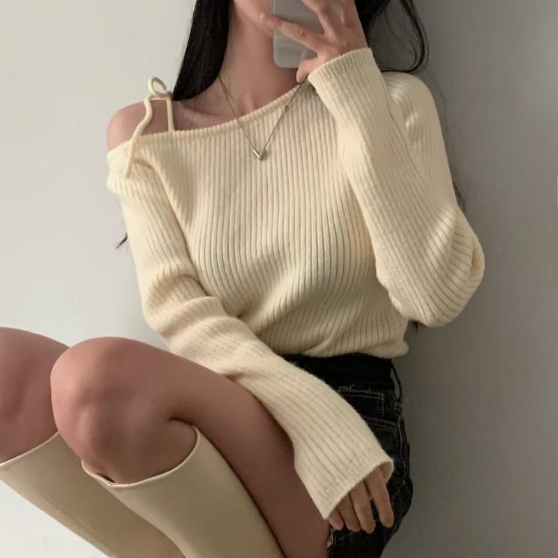 Elegant Off Shoulder Pullover Women Sweater 2025 Fashion Autumn Slant Shoulder Long Sleeve Knit Top Lace-up Solid Casual Korean Style Clothes