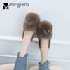Genuine Rabbit Fur Winter Espadrilles Crystal V Decorate Plush Loafers Women Warm Shoes 41 42 All-match Thick Bottom Moccasins