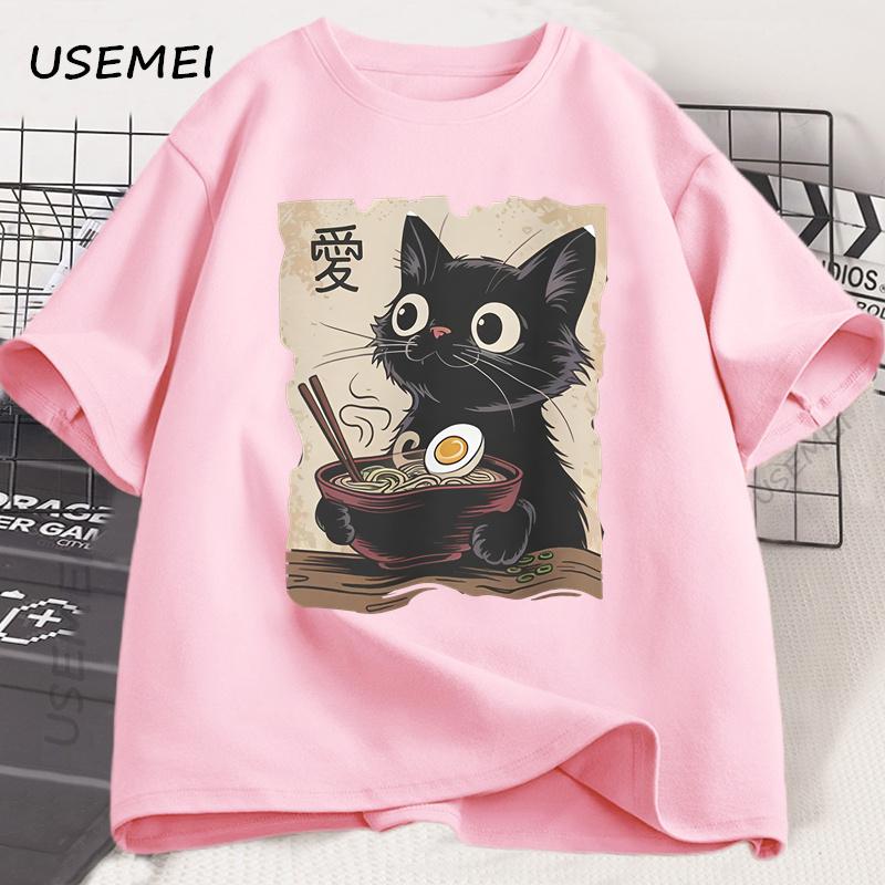 Смешная футболка с котом и раменом, графическая футболка, японская каваий аниме футболка с котом, мужская, женская, повседневная, с коротким рукавом, хлопковая футболка