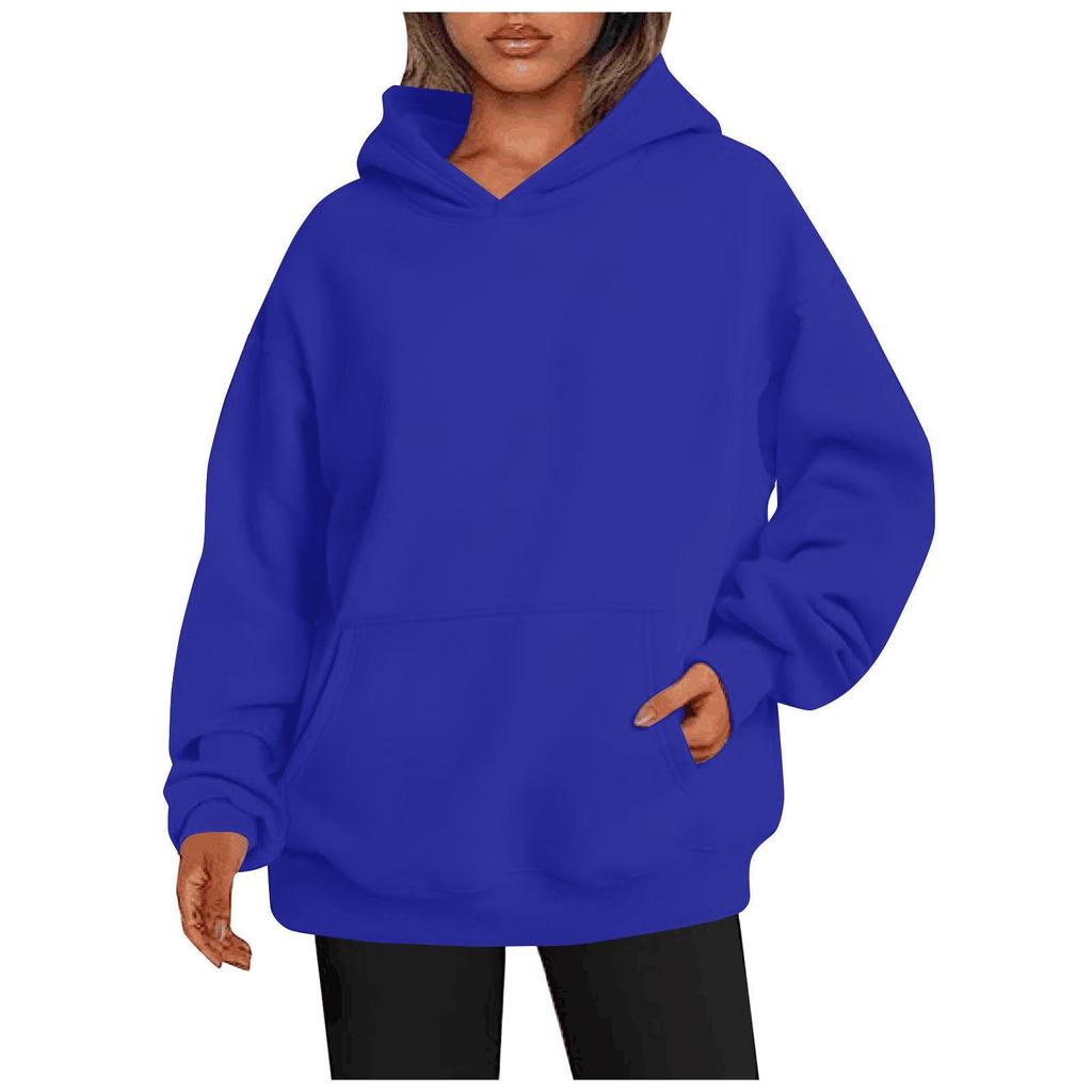 European 2023 Women's Autumn/Winter Plus Velvet Solid Color Loose Hooded Sweatshirt