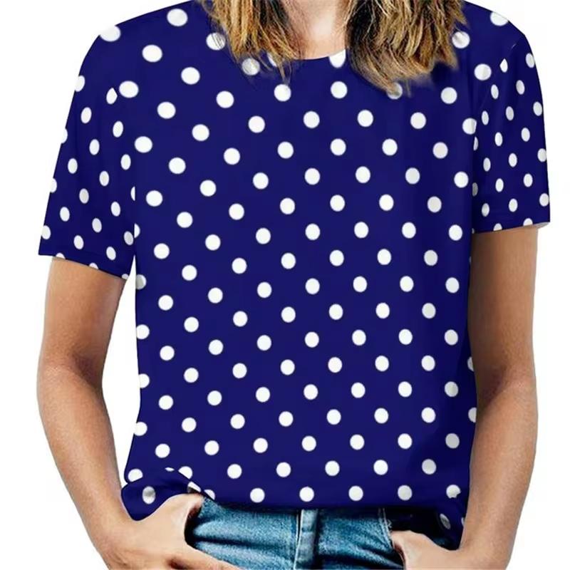 Women Vintage 3D Dot Print O-Neck Short Sleeve T-Shirts Female Retro Fashion Wave Point Street Tshirt Lady Casual Y2k Tops Tees