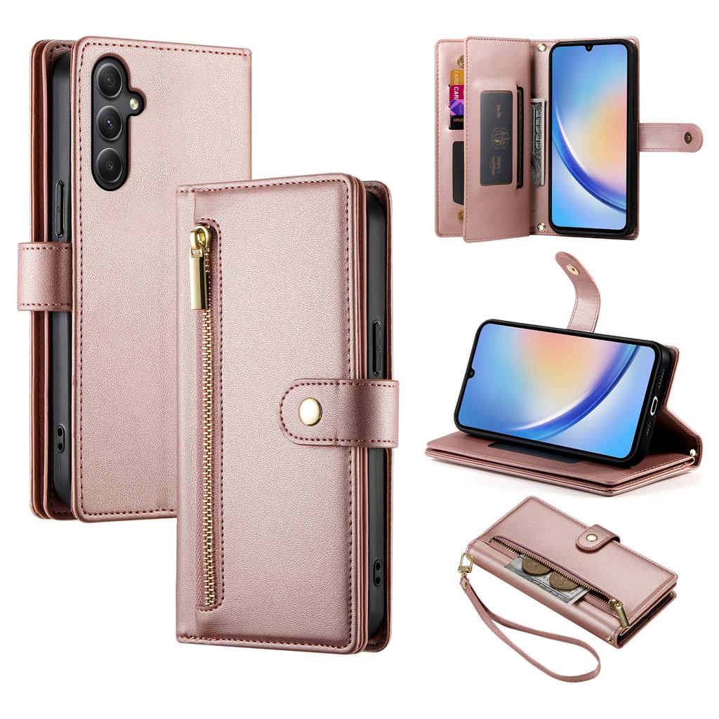 DF-011 For Samsung Galaxy A34 5G Case Card Slots Zipper Leather Cover Crossbody Phone Bag