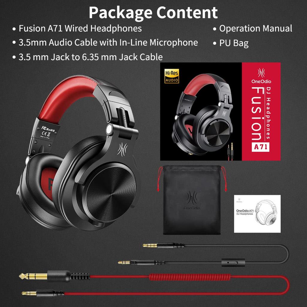 OneOdio Wired Headphones A71 Red DJ Monitor Closed-Back Dual 3.5mm Jack Gaming Music Instrument Practice Home Recording DTM Calls